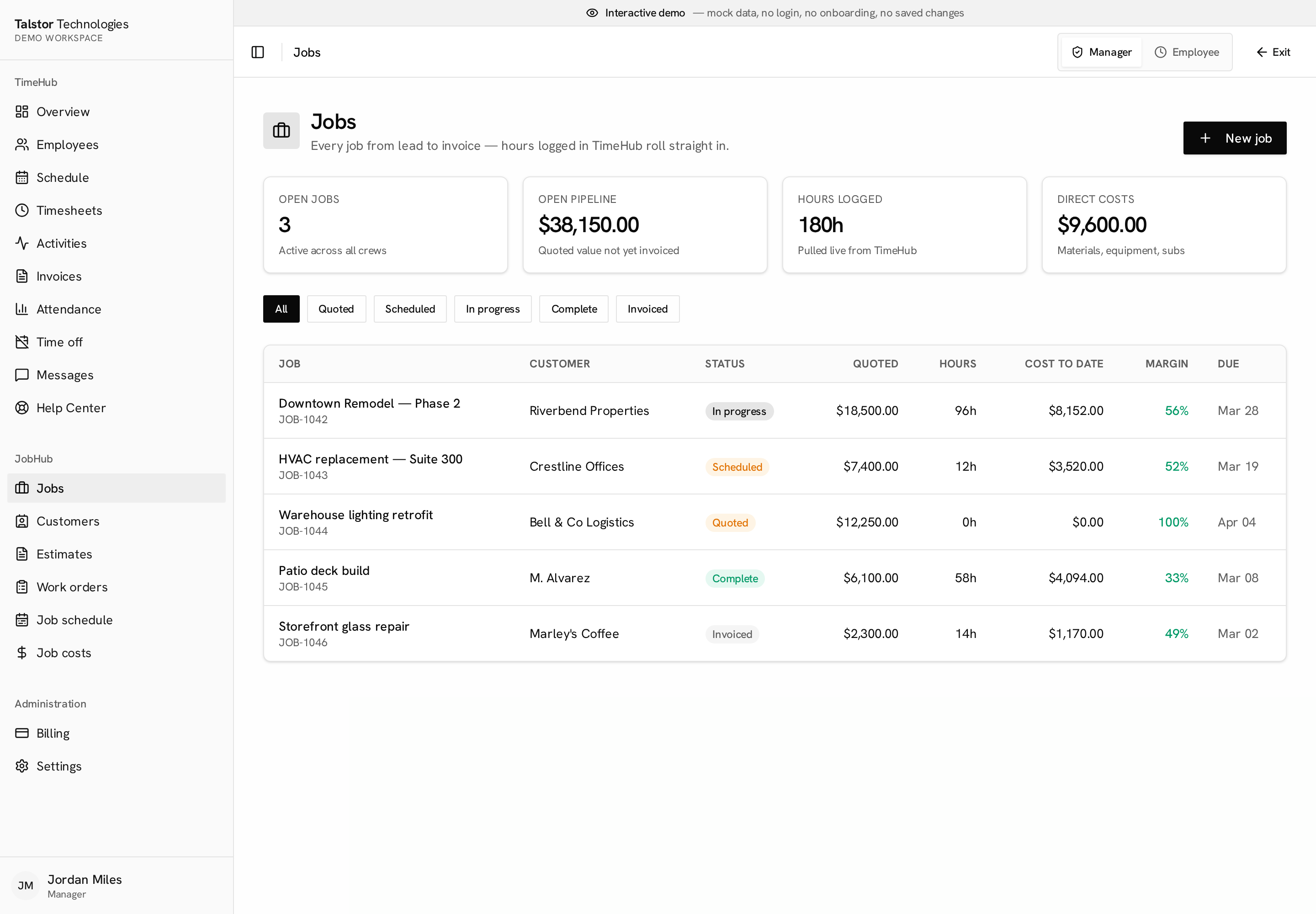 Jobs list with live hours, cost to date and margin
